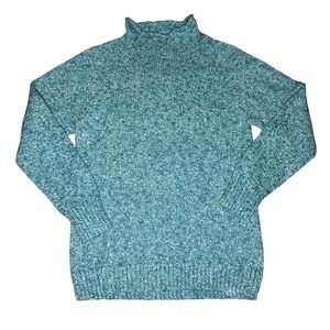 LL Bean Women Blue Marled Cotton Mock Neck Raglan Pullover Sweater Medium 507415